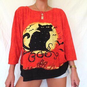 COLLECTIONS ETC. HALLOWEEN BLACK CAT ORANGE BLACK RETRO VINTAGE TOP SIZE XXL